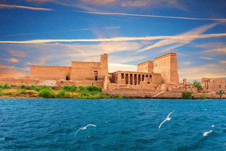 Philae Temple on Agilkia Island by the Nile, sunset view, Aswan, Egypt.の写真素材