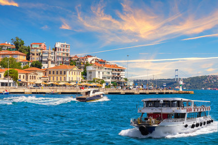 Ships are sailing near Bebek neighborhood on the bank of the Bosphorus Straight, Istanbul, Turkey.の写真素材