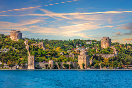 Roumeli Hissar Castle from Bosphorus Straight, sunset view, Istanbul, Turkey.の写真素材