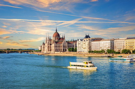 Parliament of Budapest and view on the Danube river, Hungary.の写真素材