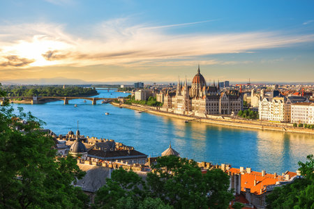 Aerial view of the Hungarian Parliament Building on the Danube River with Margaret Bridge, Budapest, Hungary.の写真素材