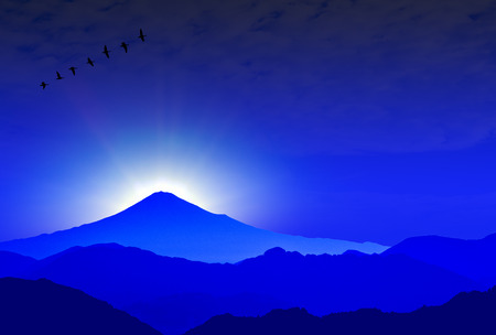 New year's card of Rooster year, Wild geese and Mt. Fujiの写真素材