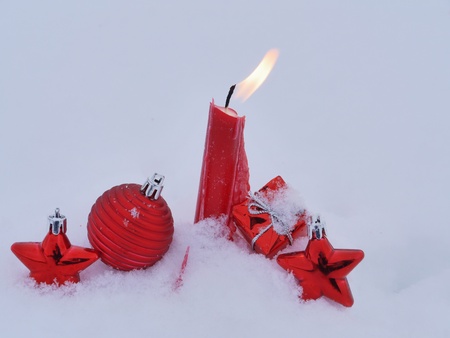 Christmas decoration outside in real snow winterの写真素材