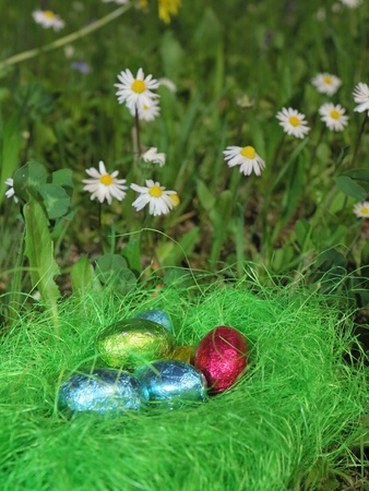 Colorful Easter eggs decorated in the grass