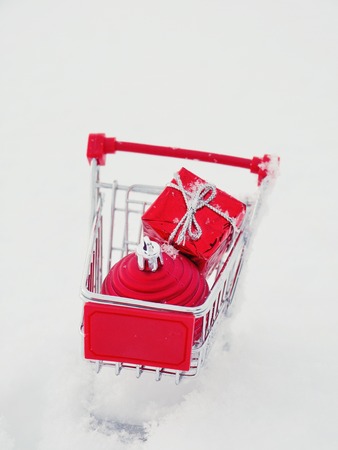 Christmas xmas shopping outside with real snowの写真素材