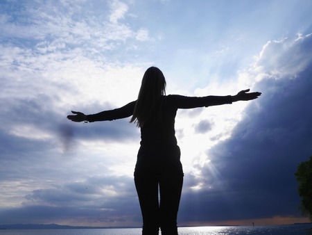 yoga silhouette sky welcome freedomの写真素材