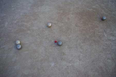 Metal spheres for game in boccia on sandの写真素材