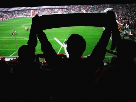 Crowd of footbal supporters and fans cheer at the stadium.の写真素材