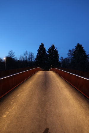 A bridge with a dark road and two trees in the backgroundの写真素材