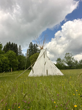 Teepee is in a field of grass