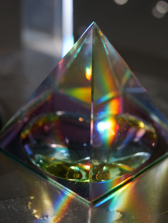 Glass pyramid with a rainbow insideの写真素材