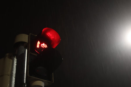 A red light with a bicycle symbol on it is lit upの写真素材