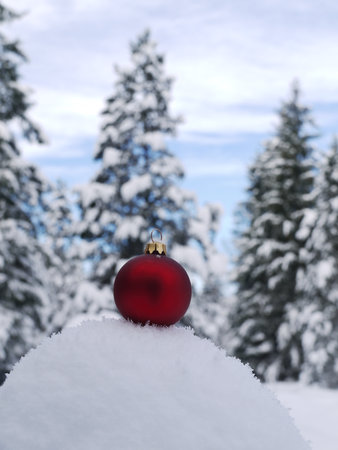 Red Christmas ornament sits on top of a snow covered hill