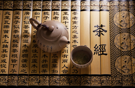 Traditional tea ceremony accessories, teapot and teacup with chinese poetry backgroundのeditorial素材
