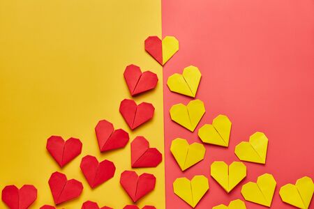 Valentines day red heart on colorful background, top view with copy spaceの写真素材