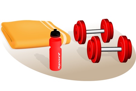 Sporting equipment with a bottle,a briefcase and some barbellsのイラスト素材