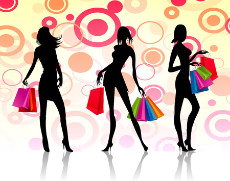 illustration of three women with fashion shopping backgroundのイラスト素材