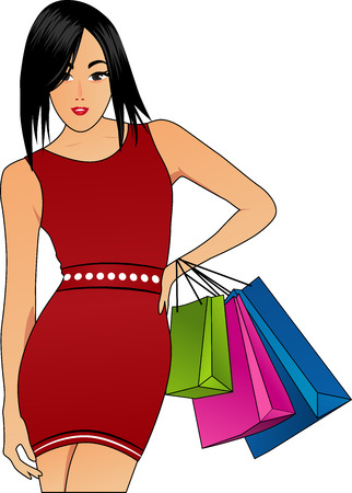 illustration of lady with shopping bags drawingのイラスト素材