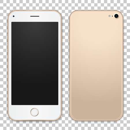 Vector gold mobile phone template with empty screen. Detailed front and back view of smartphone. Vector realistic illustration.のイラスト素材