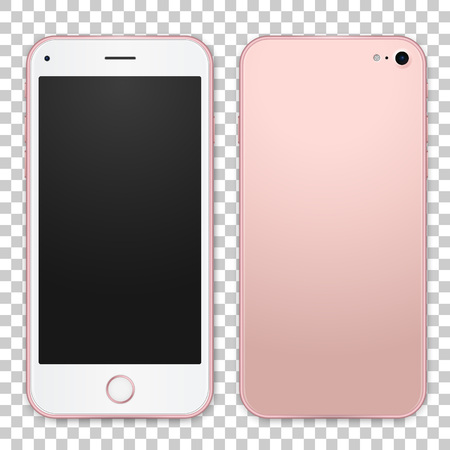 Single pink mobile template with blank screen on white background, detailed front and back side. Vector realistic illustration.のイラスト素材