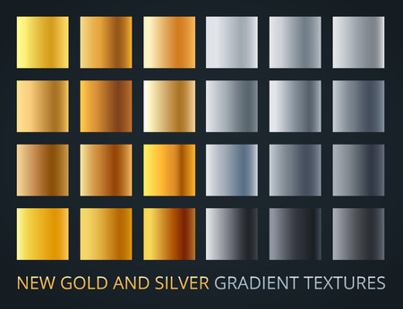 Set of silver and gold gradients on dark background, 24 different colour style, metallic effect. Luxury, vip metal vector banners.のイラスト素材