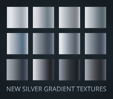 Set of 12 different silver gradients isolated on dark background. Vector illustration.のイラスト素材