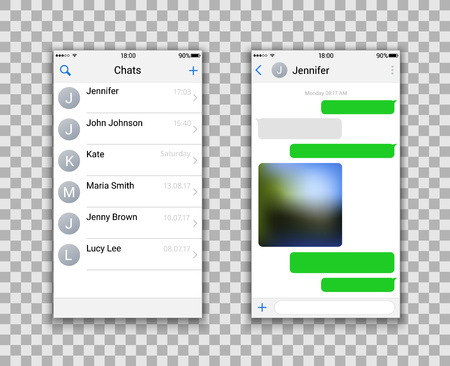 Two chat screens templates, Contacts page mockup and text bubbles messages, and sent media file. Vector editable illustration.のイラスト素材