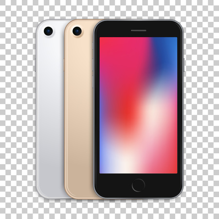 Colored mobile phone mock up on transparent background, back and front views of gadgets. Vector high quality realistic illustration.の写真素材