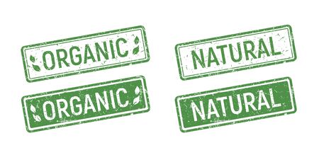 Organic rubber stamp set, Green ecologic natural style on grunge rubber stamp. Vintage old texture frame with organic text and leaves icon.のイラスト素材