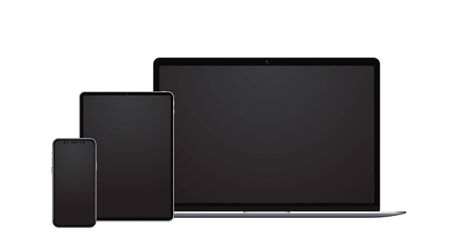 Device set template, smartphone mock up, tablet and laptop with blank screens in modern frameless style. Mobile template for app and website design isolated.のイラスト素材