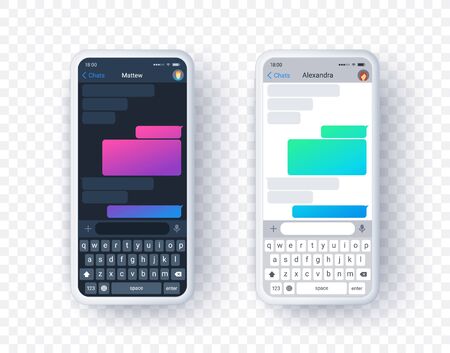 Chat app screen in light and dark mode, gradient text box with keyboard in flat style. Vector mobile phone mock up with messenger application screen isolated on transparent background.のイラスト素材