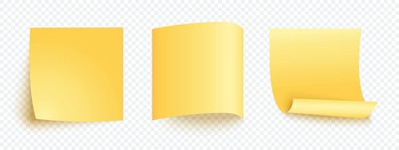 Yellow note sheet of paper set with different shadow. Blank post for message, to do list, memory. Set of vector notes isolated on transparent background.のイラスト素材