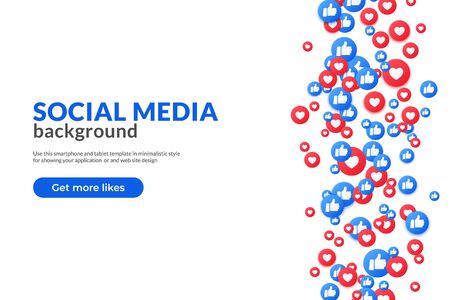 Bunch of like and appreciate emoji background, thumb up stream social media network. Heart and thump icons banner for love and respect. Vector like background in 3d style.のイラスト素材