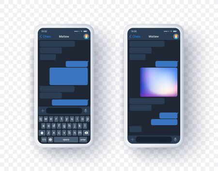 Mobile messanger application mock up on two screen with keyboard. Smart phone concept of chat app in realistic 3d style. Place your text and picture in vector realistic template.のイラスト素材