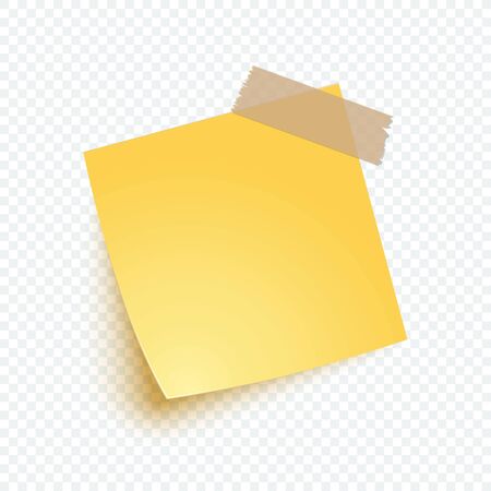 Yellow note paper with shadow, sticker note for reminding, list, info. Vector realistic blank post illustration on transparent background.のイラスト素材