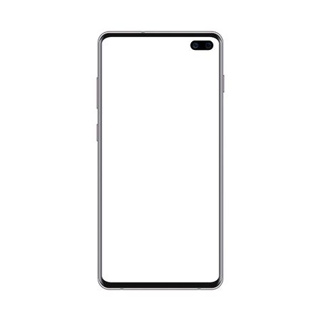 Black smartphone mockup with blank screen. Cell phone template with two cameras and big screen for showing web and app design. Vector realistic modern mobile device illustration on white.のイラスト素材