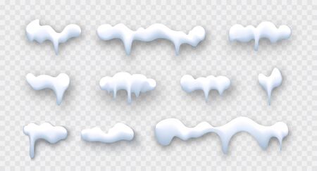 Horizontal snow cap banners on transparent background. Icicle set in cartoon style. Vector snow collection isolated, outdoor design elements for winter or christmas.のイラスト素材