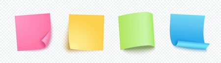 Post note of paper set yellow, blue, pink and green colors with different shadow. Blank post for message, to do list, memory. Set of vector sticky notes isolated on transparent background.のイラスト素材