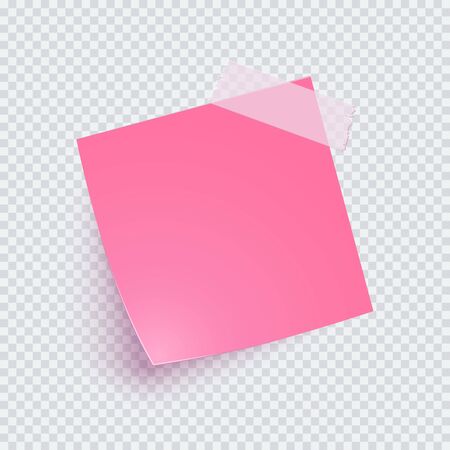 Pink note paper and adhesive tape with shadow, sticker note for reminding, info. Vector realistic 3d blank post illustration on transparent background.のイラスト素材