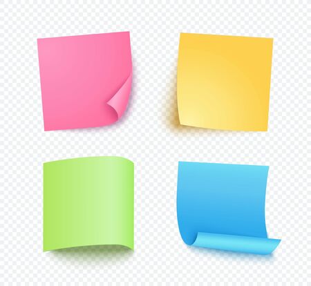 Note sheet of paper set with different shadow. Colored blank post for message, to do list. Set of pink, yellow, blue and green vector sticky notes isolated on transparent background.のイラスト素材