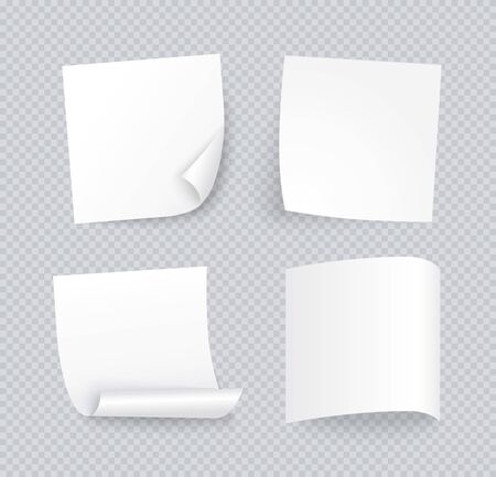 White note sheet of paper set with different shadow. Blank post for message, to do list. Set of four vector sticky notes isolated on transparent background.のイラスト素材