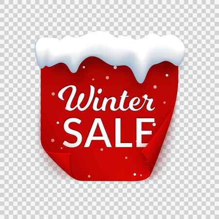 Winter sale banner with snow cap, red paper page with bent corners and snow, isolated vector illustration of square red label for promo, flyer, price label tag.のイラスト素材