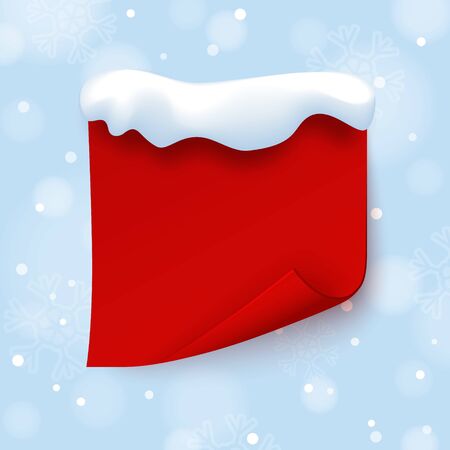 Red banner template with snow cap on blue winter background. Paper page with curled up corner, mockup for invitation, promo, sale info. Vector season illustration.のイラスト素材