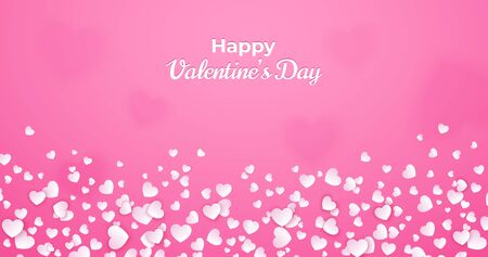 Valentine's day card, abstract pink background with white hearts floating and bokeh. Heart confetti template for greeting card, invitation, poster or flyer. Vector romantic illustration.のイラスト素材