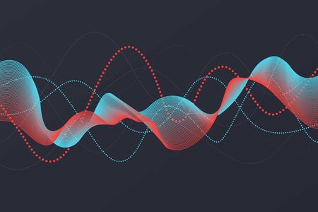 Sound wave background. Abstract dot line blue and red color on dark, dynamic shape.のイラスト素材