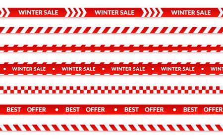 Winter sale ribbons, abstract christmas sale banner set on white. Vector caution tape about shopping, best offer holiday banner. Graphic illustration in cartoon style.のイラスト素材