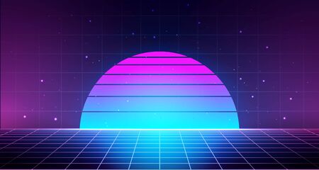 Retro background with laser grid, abstract landscape with sunset and star sky. Vaporwave, synthwave...