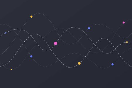 Sound wave dotted with colored circles. Abstract network background for musical poster, flyer, invitation. White dot lines on black wallpaper.のイラスト素材