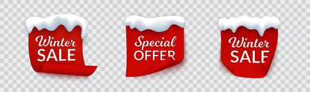 Winter sale banner set, red paper labels with snow caps and text: special offer and winter sale. Vector seasonal promo banner collection.のイラスト素材