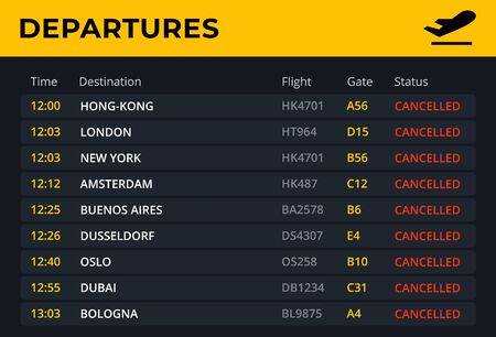 Departure board with all flights cancelled status. Airport schedule template with all flight info: time, destination, gate. Electronic board concept for railway station . Vector illustration.のイラスト素材